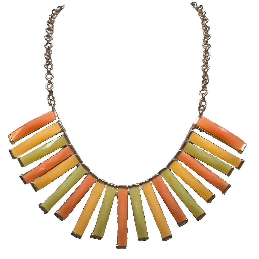 Womens Multicolor Lucite Bib Necklace Gold Tone Metal Round Link Chain 17 in